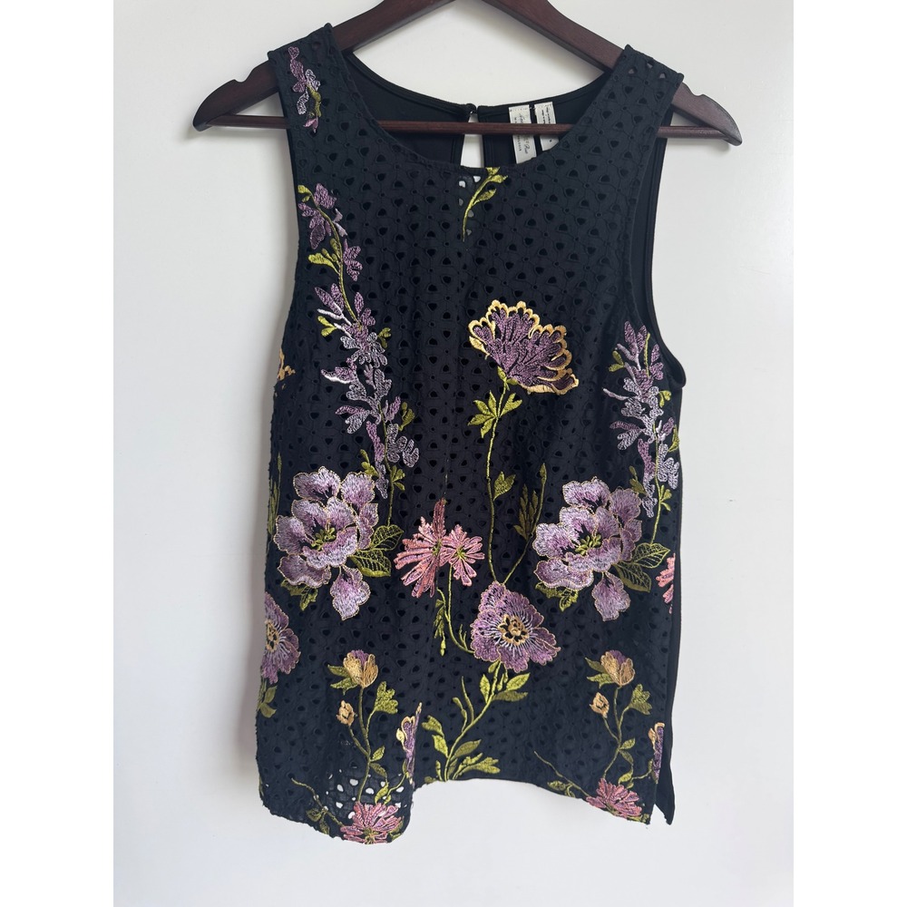 Meadow Rue Anthropologie Black Eyelet Floral Embroidered Sleeveless Boho Top S
